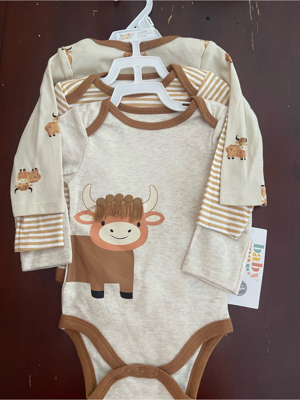chick pea Cream & Brown Highland Cow Long-Sleeve One-Piece Bodysuits (3-Pack)